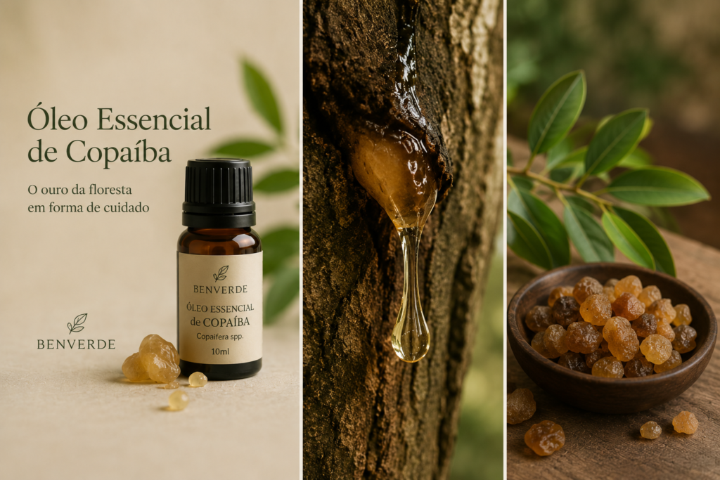 Frasco de óleo essencial de copaíba com resina natural sobre fundo suave em tons terrosos.
