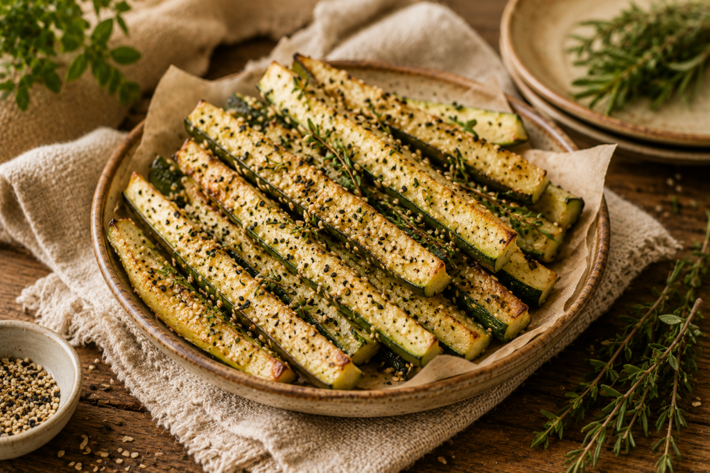 Palitos Assados de Abobrinha com Gergelim: um petisco leve e cheio de sabor | Benverde Palitos assados de abobrinha com gergelim servidos em prato rústico.