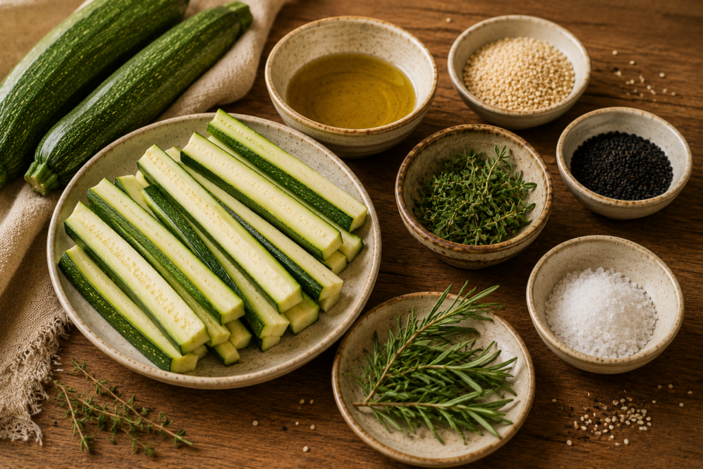 Palitos Assados de Abobrinha com Gergelim: um petisco leve e cheio de sabor | Benverde Ingredientes para preparar palitos assados de abobrinha com gergelim organizados sobre mesa de madeira.