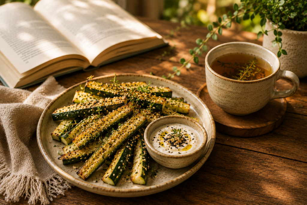 Palitos Assados de Abobrinha com Gergelim: um petisco leve e cheio de sabor | Benverde Palitos assados de abobrinha com gergelim servidos com chá em ambiente acolhedor.