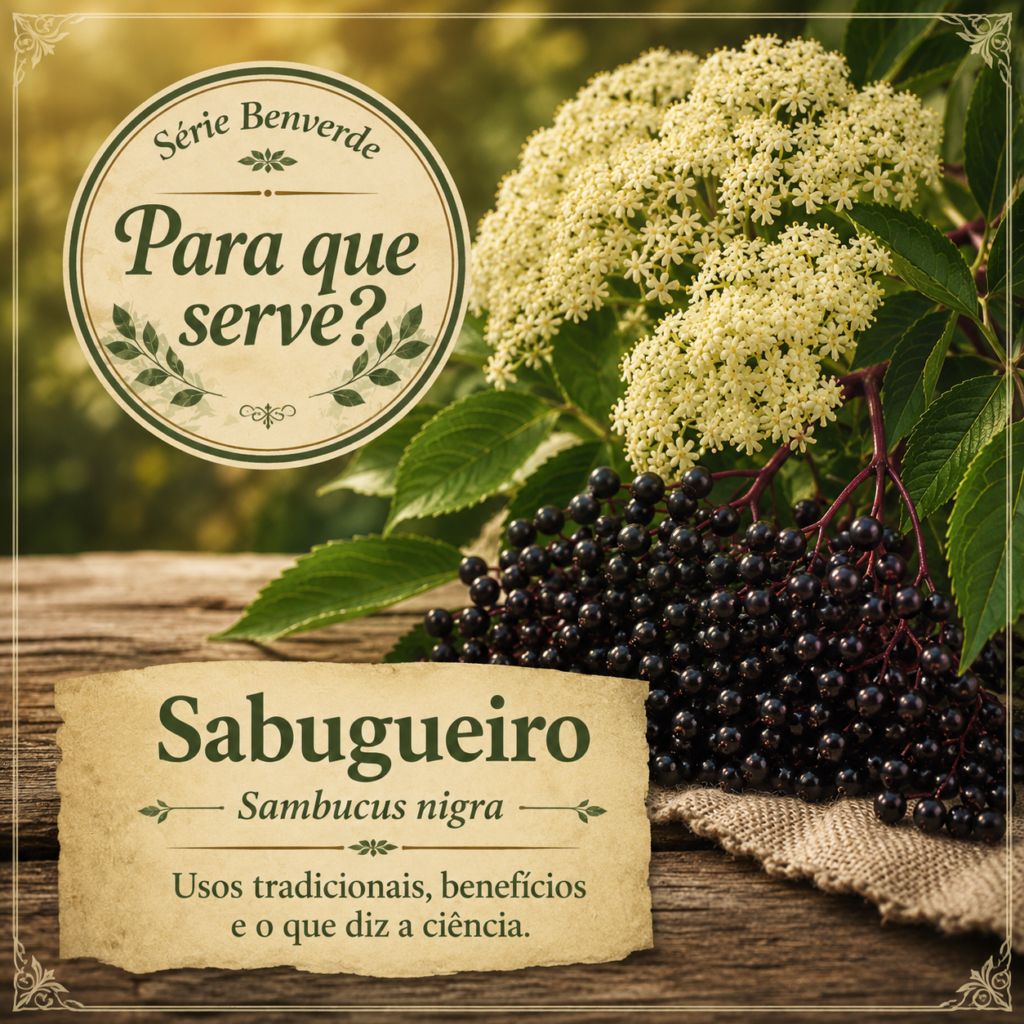 Para que Serve o Sabugueiro? Flores e frutos do sabugueiro (Sambucus nigra) com selo da série "Para que Serve?" do Benverde.