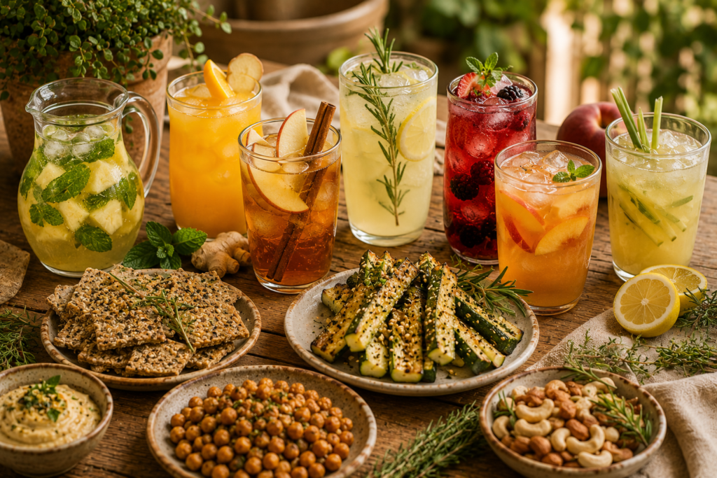 O que servir para beber junto com petiscos? 7 ideias naturais e refrescantes | Benverde O que beber junto com petiscos: mesa rústica com bebidas naturais refrescantes e petiscos saudáveis.