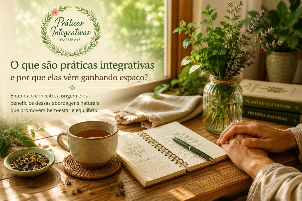 Mesa próxima à janela com chá, caderno e ervas naturais representando práticas integrativas naturais.