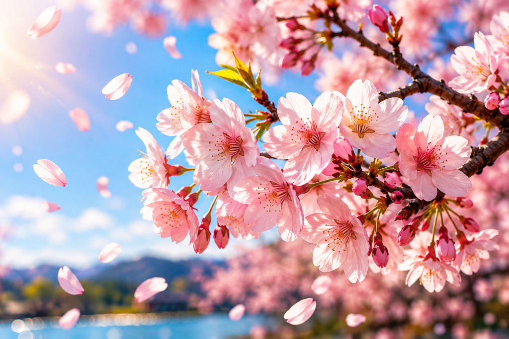 Galho de cerejeira japonesa com flores de sakura em plena floração contra um céu azul.