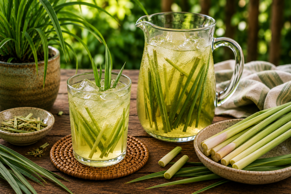 O que servir para beber junto com petiscos? 7 ideias naturais e refrescantes | Benverde Infusão gelada de capim-cidreira servida em copo e jarra de vidro.