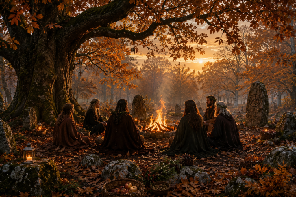 Comunidade reunida ao redor de uma fogueira em uma floresta de outono durante uma celebração inspirada no antigo Samhain.