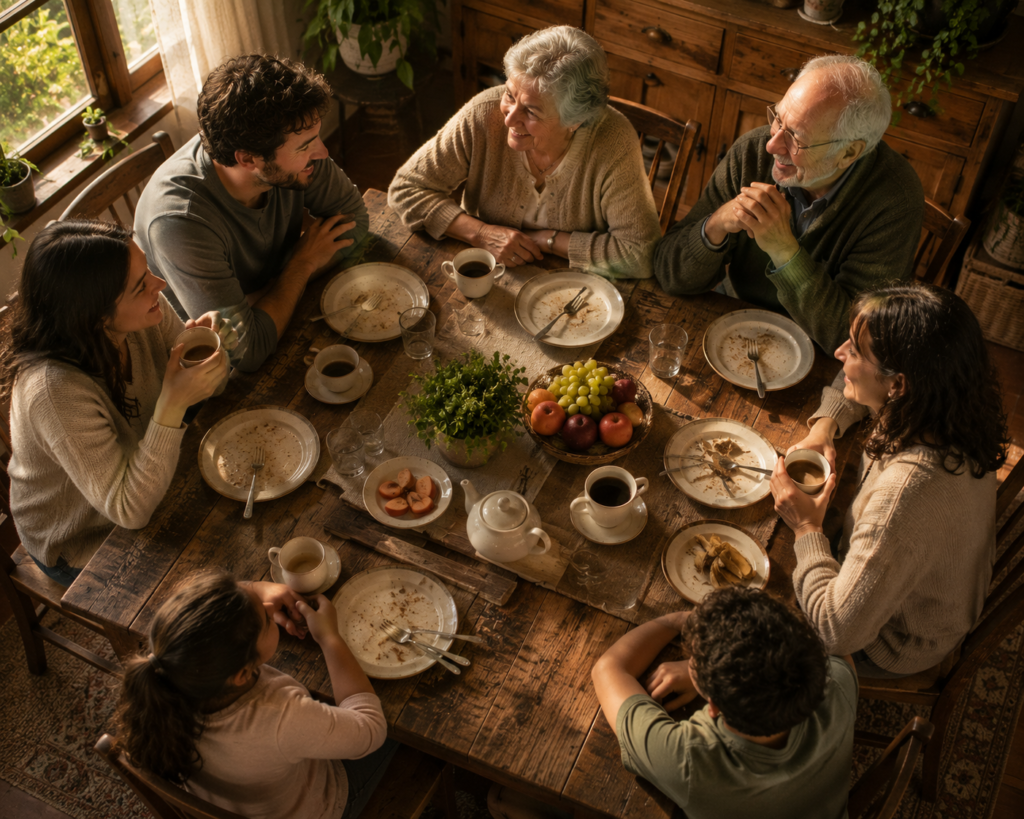 Permanecer à mesa: família reunida em mesa de madeira após a refeição, conversando e compartilhando um momento acolhedor.