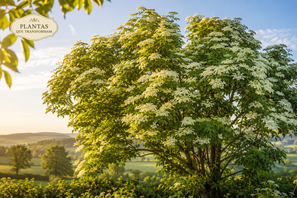 Grande árvore de sabugueiro (Sambucus nigra) coberta por flores brancas durante a primavera em paisagem natural europeia.