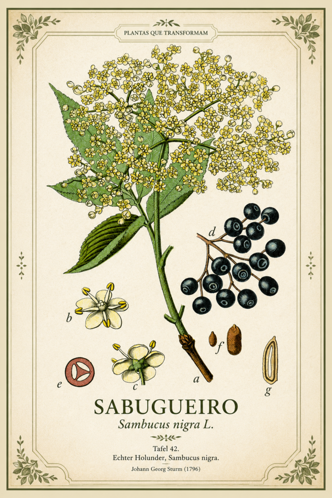 Gravura botânica histórica do sabugueiro (Sambucus nigra) publicada em 1796, mostrando flores, frutos, sementes e detalhes anatômicos da espécie.
