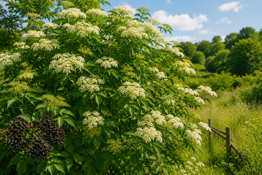 Sabugueiro (Sambucus nigra) em plena floração crescendo em paisagem campestre europeia.