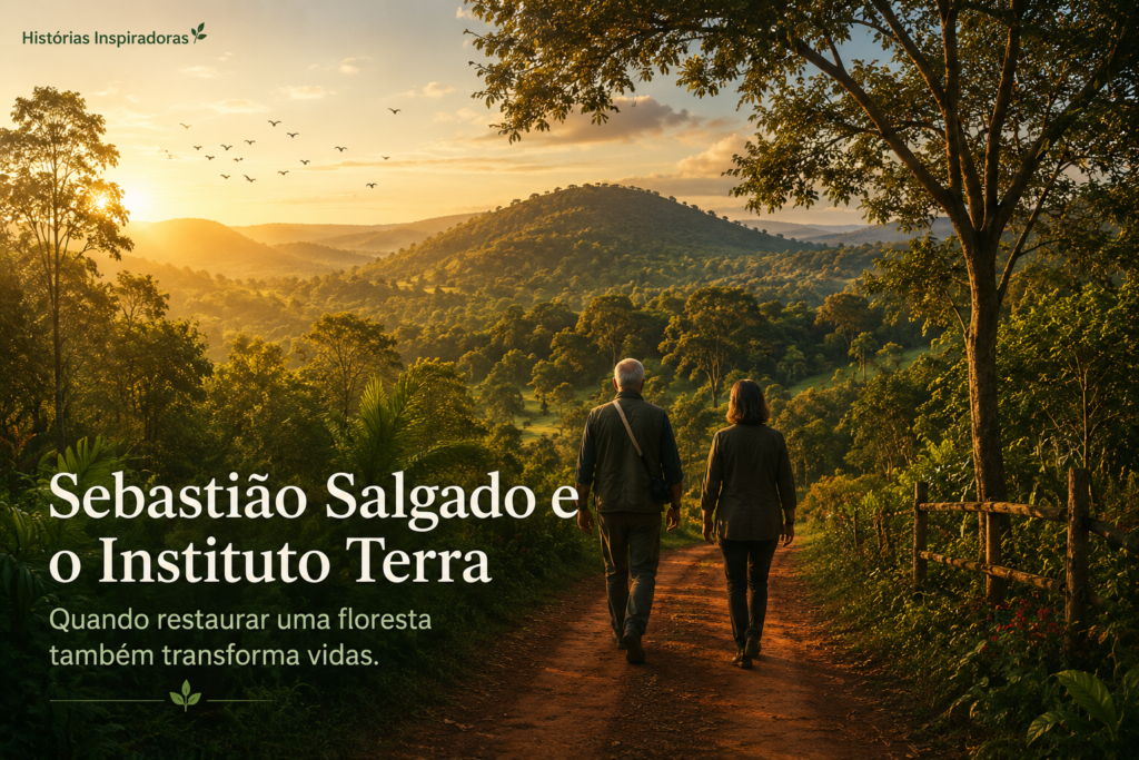 Paisagem inspirada na história de Sebastião Salgado e do Instituto Terra, mostrando uma floresta restaurada e um casal caminhando por uma estrada cercada pela Mata Atlântica.
