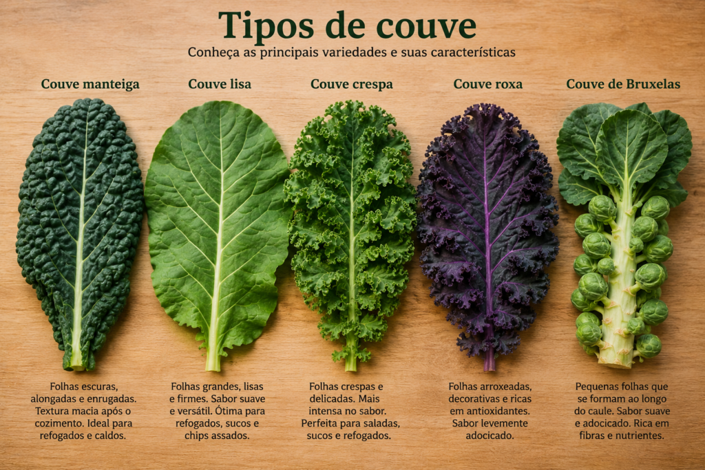 Comparação visual entre diferentes tipos de couve utilizados na alimentação.