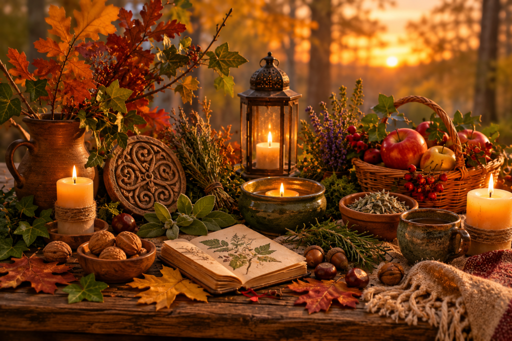 Mesa rústica decorada com maçãs, nozes, folhas de carvalho, ervas e velas durante o outono.
