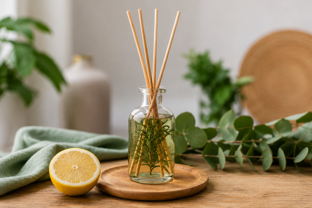 Difusor natural com varetas em ambiente iluminado e elementos botânicos decorativos.