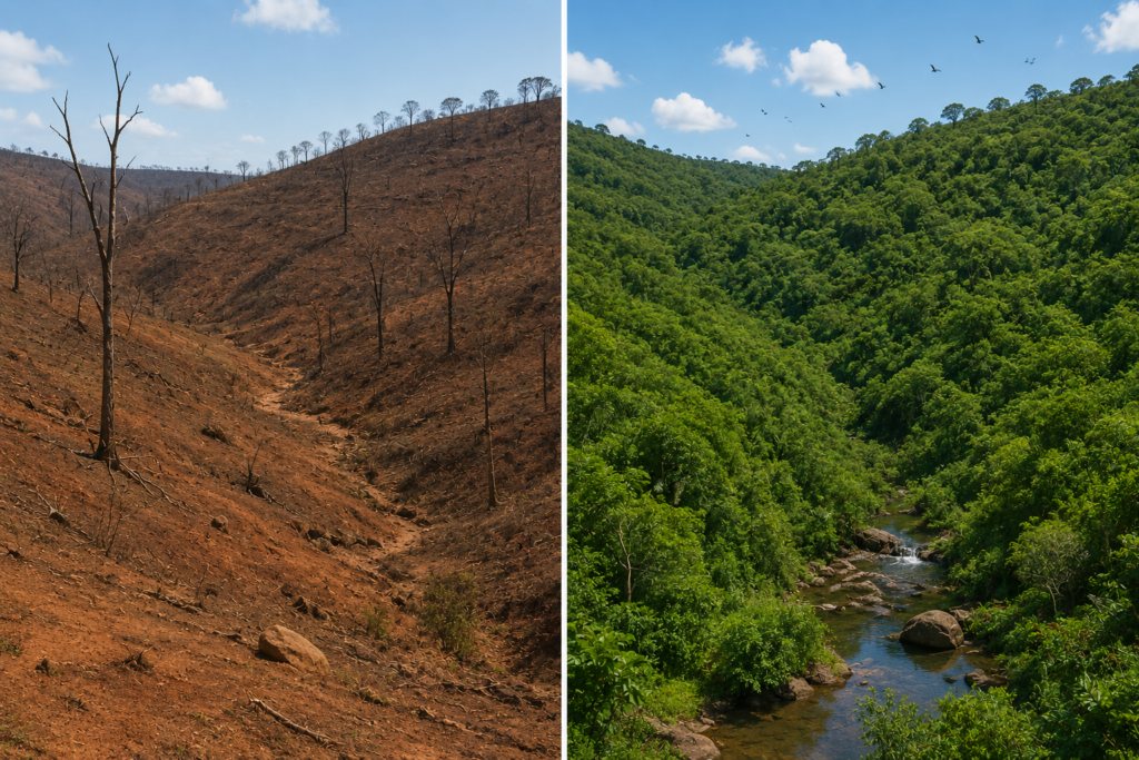 Comparação entre uma área degradada e a mesma paisagem após o reflorestamento, ilustrando a recuperação ambiental promovida pelo Instituto Terra.