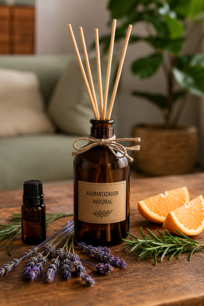 Aromatizador natural para ambientes em frasco âmbar com varetas, lavanda, alecrim e laranja sobre mesa de madeira.