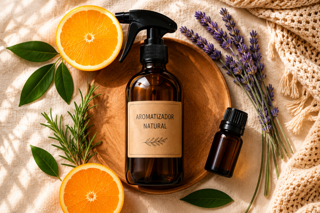 Ingredientes para aromatizador natural com laranja, lavanda, alecrim e frasco spray reutilizável.