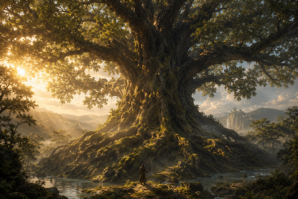 Gigantesca árvore inspirada em Yggdrasil, com tronco monumental, raízes profundas e copa que parece tocar o céu.