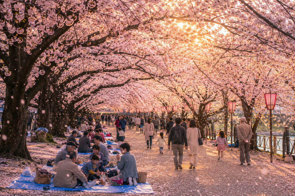 Famílias reunidas sob cerejeiras floridas durante o Hanami, tradicional ritual japonês de contemplação das flores.