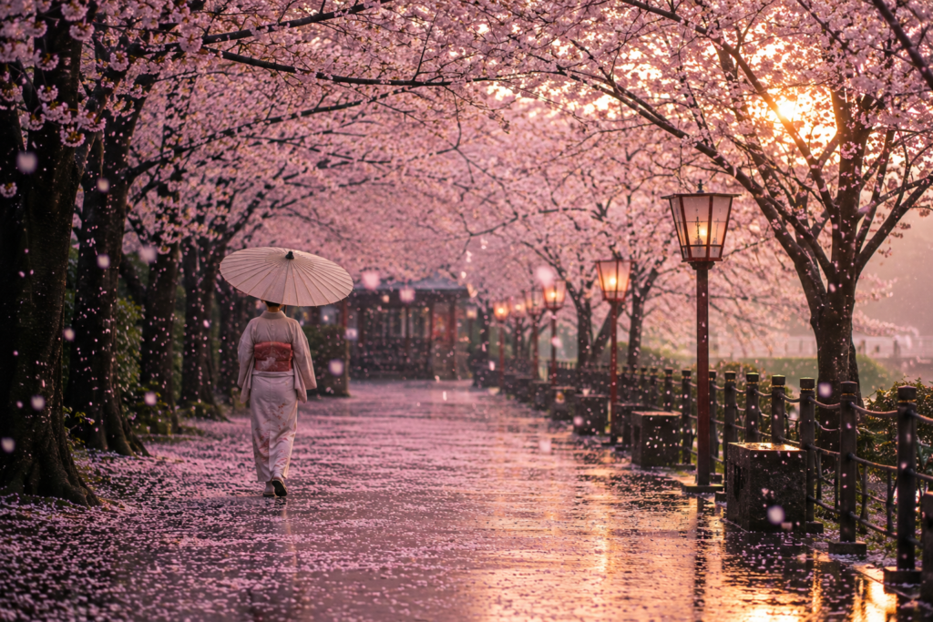 Pessoa caminhando sob cerejeiras enquanto pétalas de sakura caem lentamente ao entardecer.