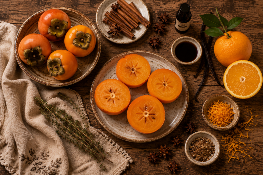 Caqui Assado com Especiarias: uma sobremesa acolhedora para os dias mais frescos | Benverde Ingredientes organizados para preparar caqui assado com especiarias.
