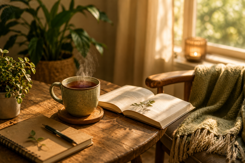 Xícara de chá sobre mesa de madeira ao lado de livro aberto em ambiente tranquilo.
