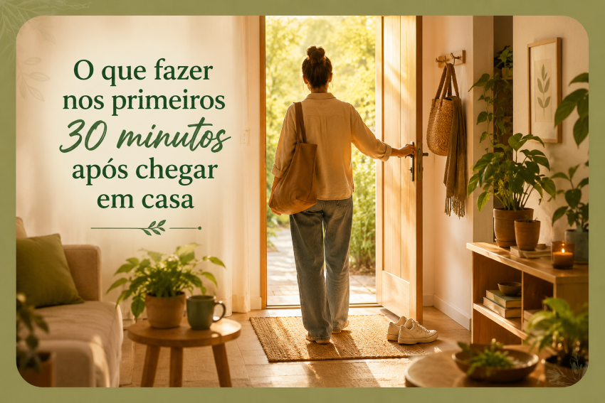 Chegar em casa: essoa chegando em casa ao final do dia em ambiente acolhedor e iluminado naturalmente.