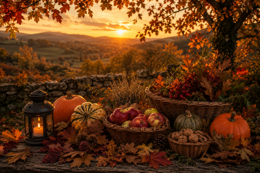 Mesa ao ar livre com maçãs, abóboras, nozes e folhas de outono diante de uma paisagem rural ao pôr do sol.