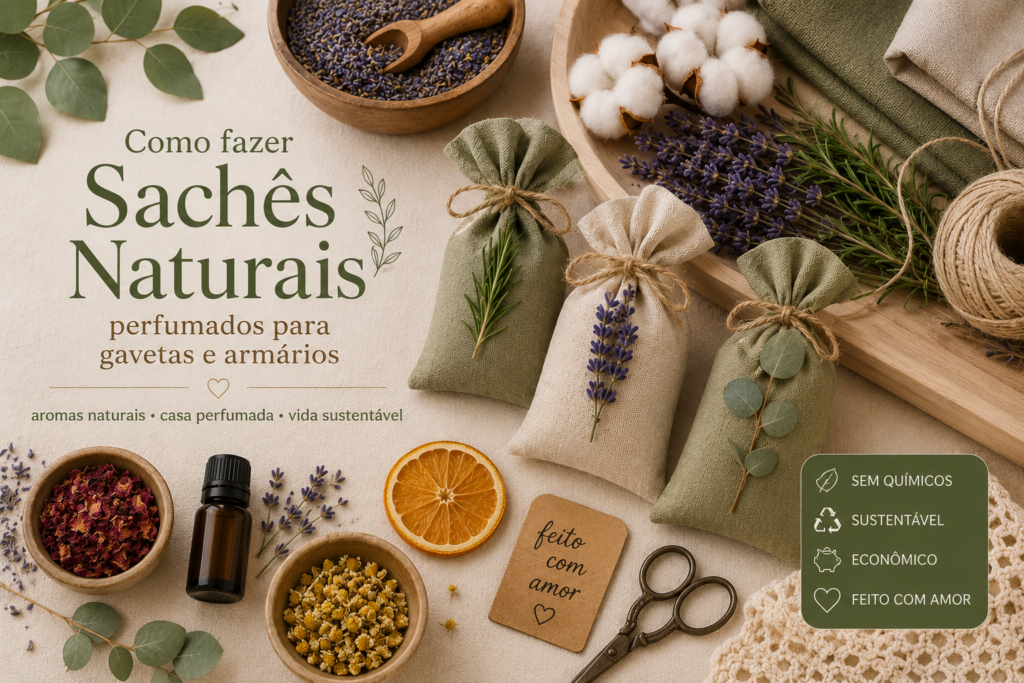 Ingredientes naturais para sachês perfumados com lavanda, camomila, pétalas secas e óleo essencial.