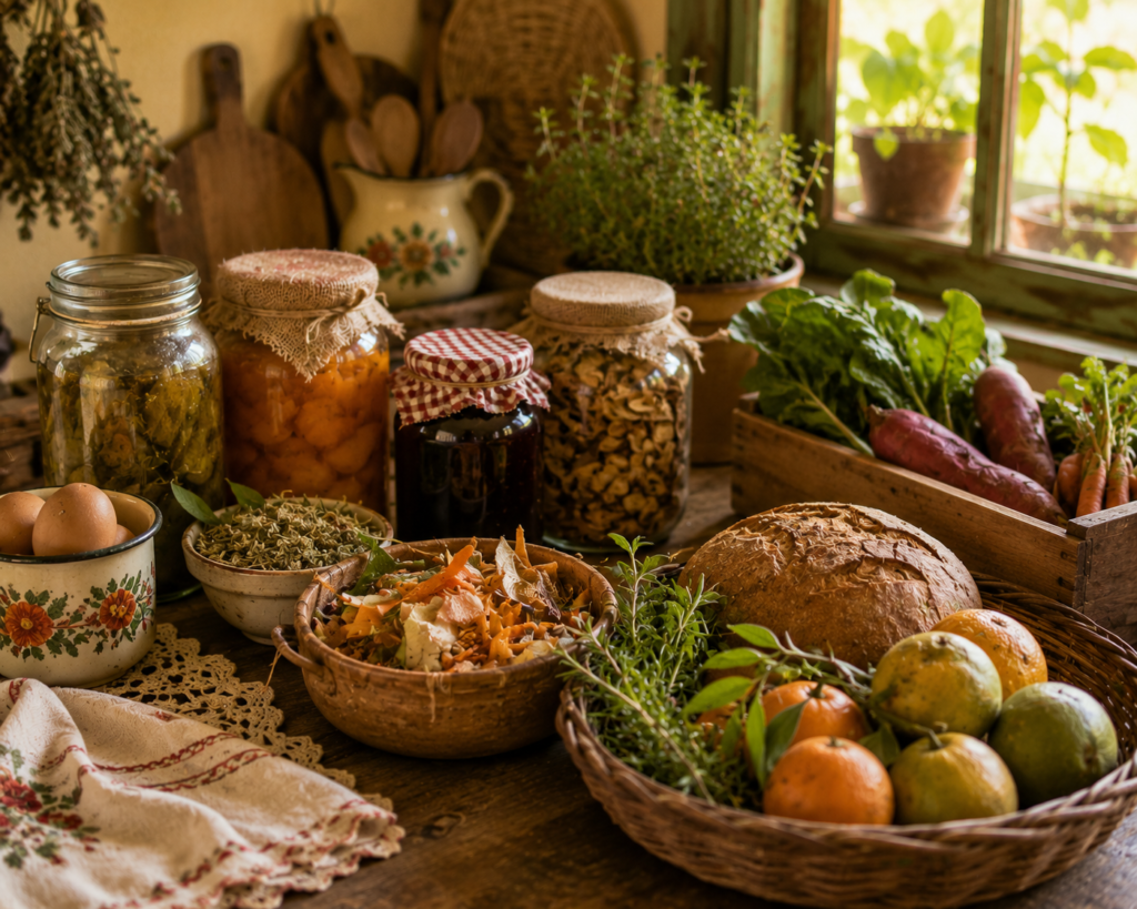 Mesa rústica com conservas caseiras, frutas, ervas e alimentos aproveitados integralmente
