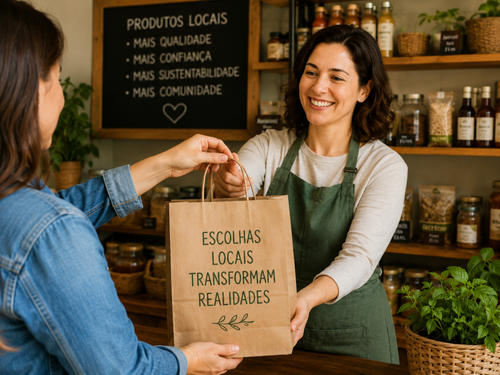 Atendimento em loja local com entrega de sacola ao cliente e valorização da comunidade