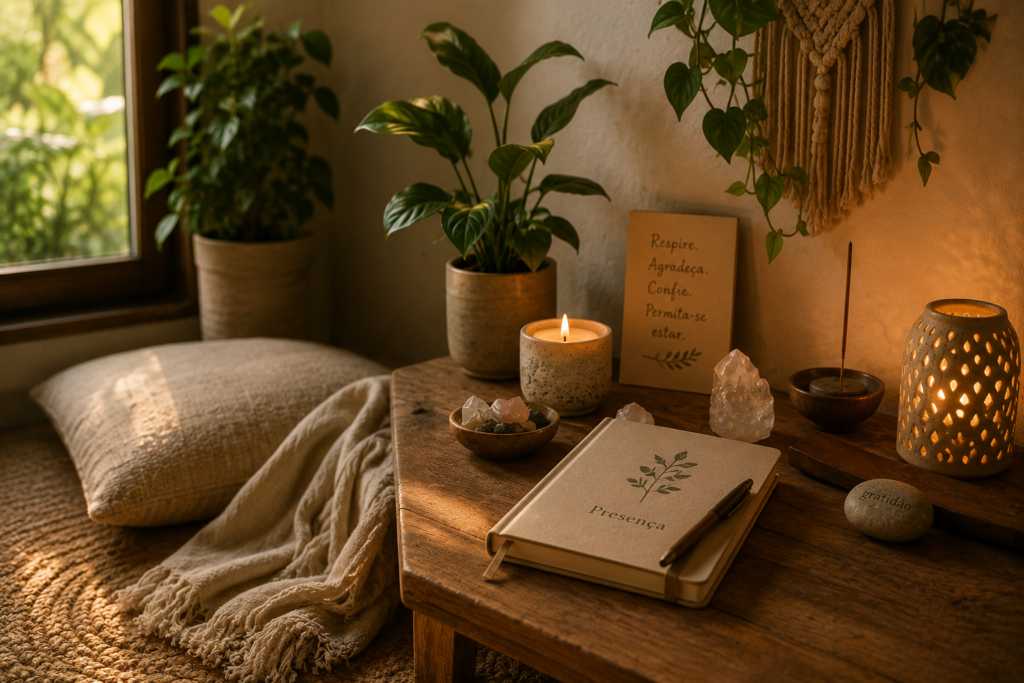Espaço acolhedor com plantas, caderno, vela e objetos naturais voltados para reflexão e bem-estar.