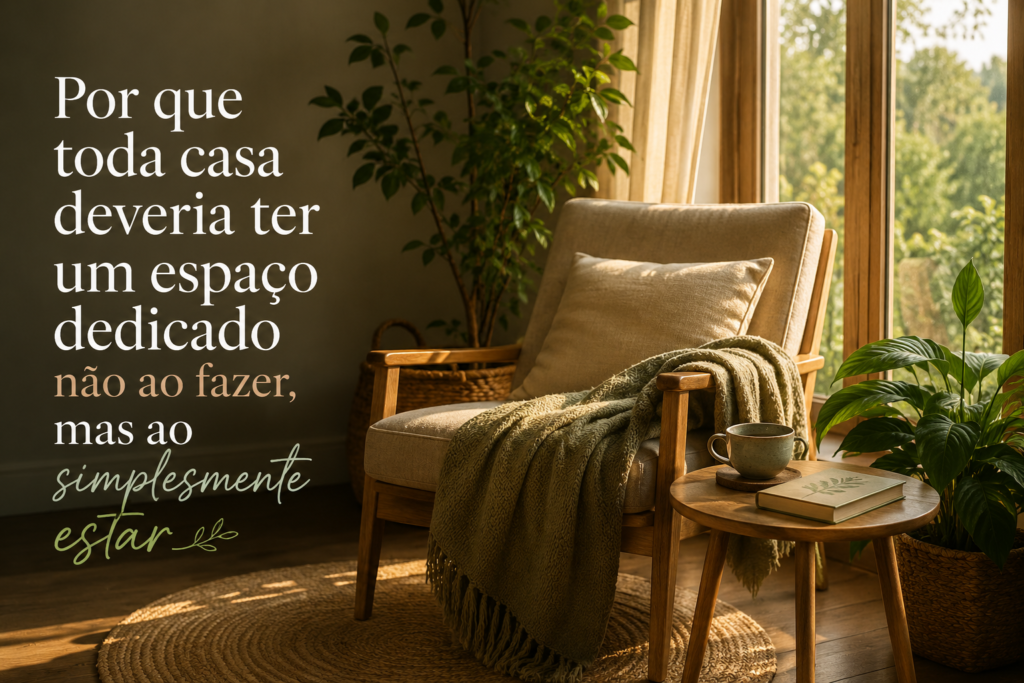 Canto da pausa: poltrona confortável próxima à janela com plantas e luz natural em um espaço acolhedor para desacelerar.