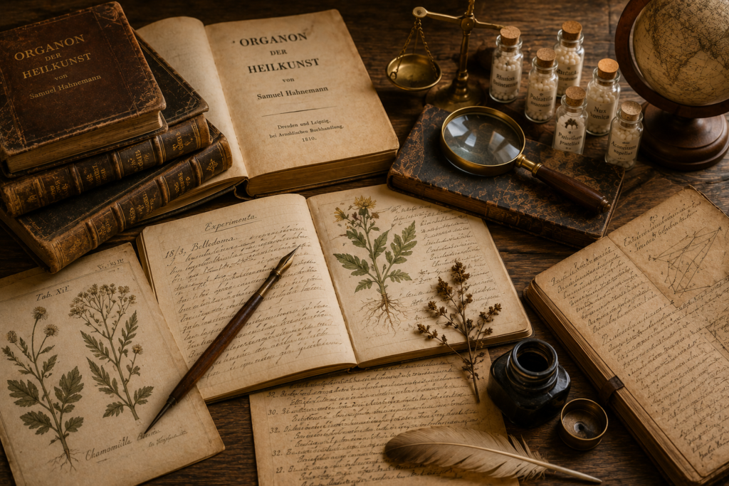 Livros antigos, manuscritos, desenhos botânicos e instrumentos de observação relacionados ao desenvolvimento da homeopatia.