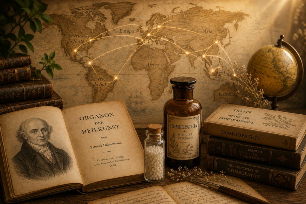 Mapa antigo, livros históricos e elementos relacionados à expansão internacional da homeopatia.