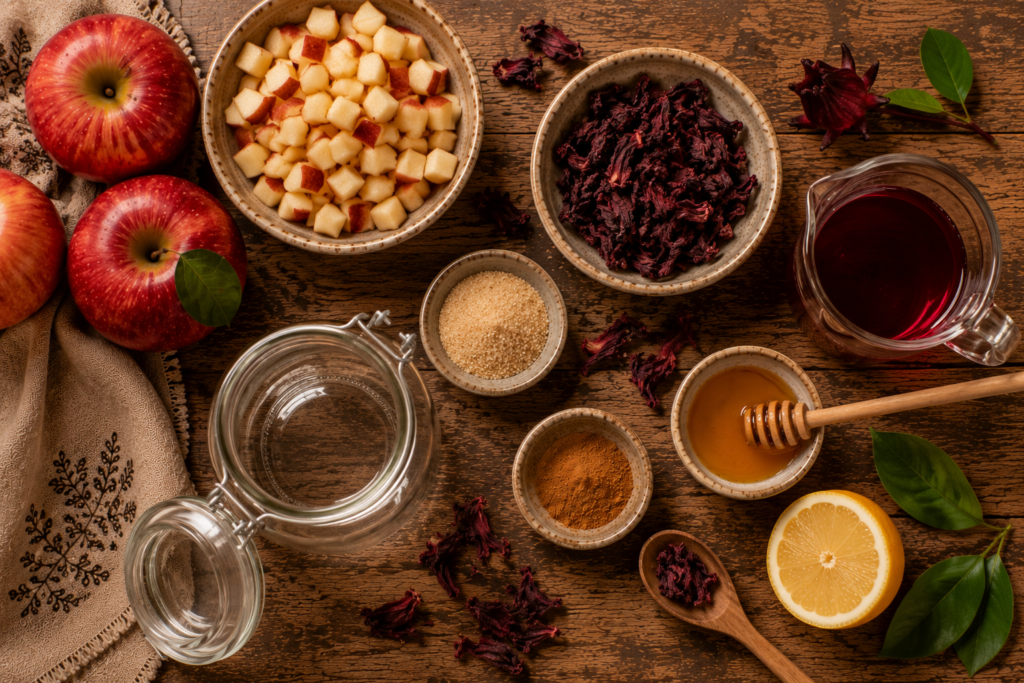Geleia Rústica de Hibisco e Maçã: cor, aroma e sabor em cada colherada | Benverde Ingredientes organizados para preparar geleia de hibisco e maçã.