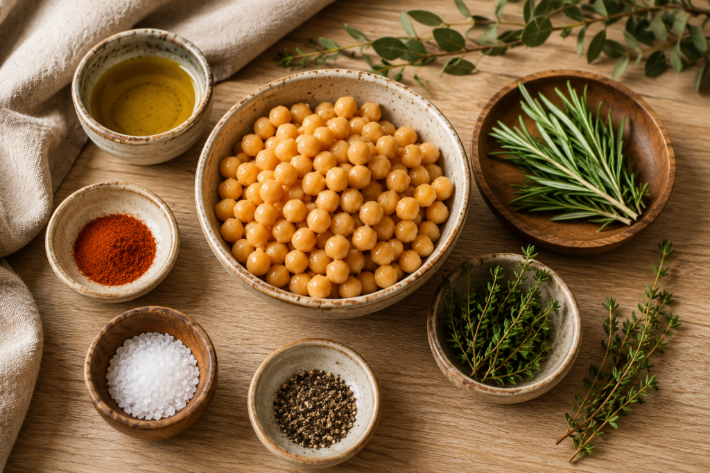 Ingredientes para preparar grão-de-bico crocante com ervas organizados sobre mesa de madeira.
