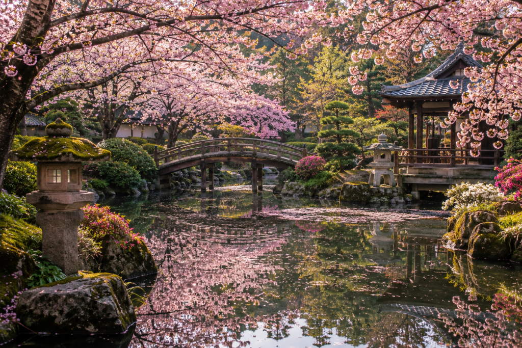 Jardim tradicional japonês com lago, ponte de madeira e cerejeiras floridas refletidas na água.