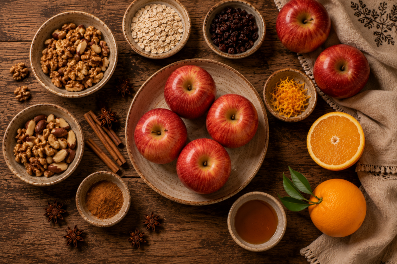 Ingredientes organizados para preparar maçãs recheadas com castanhas.