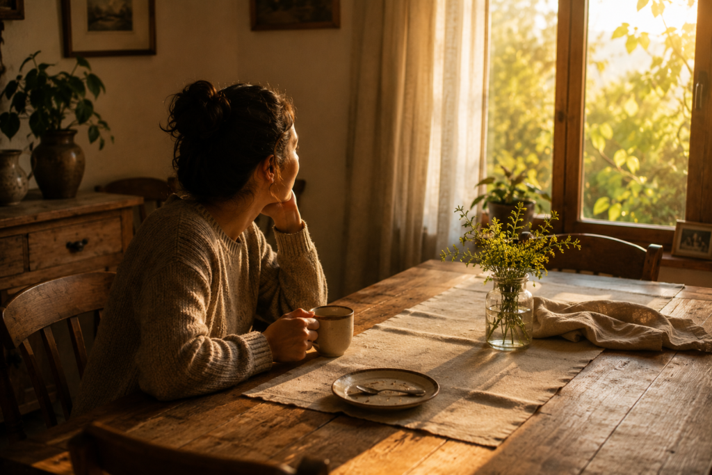 Pessoa sentada à mesa observando a paisagem pela janela após uma refeição, em um momento de calma e reflexão.