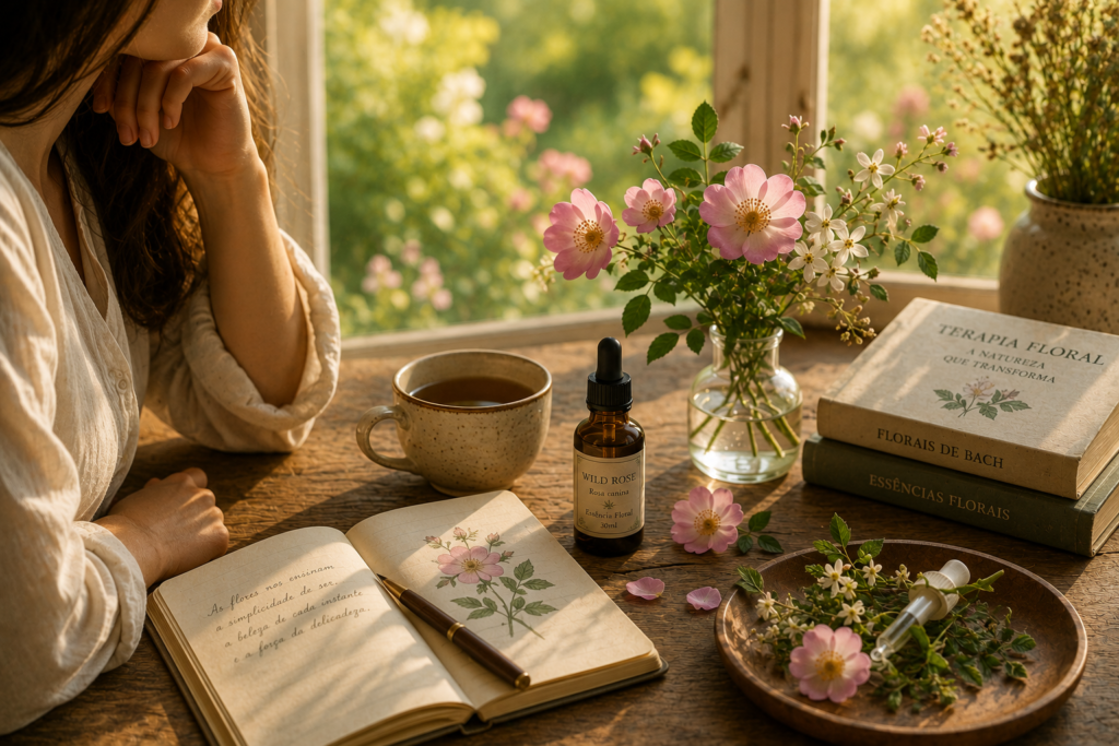 Pessoa contemplando flores e caderno próximo à janela em ambiente acolhedor com essência floral.