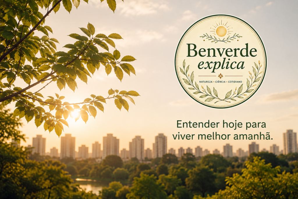 O que as mudanças climáticas têm a ver com o seu dia a dia? Paisagem urbana arborizada ao pôr do sol com selo Benverde Explica e mensagem sobre compreender as mudanças climáticas