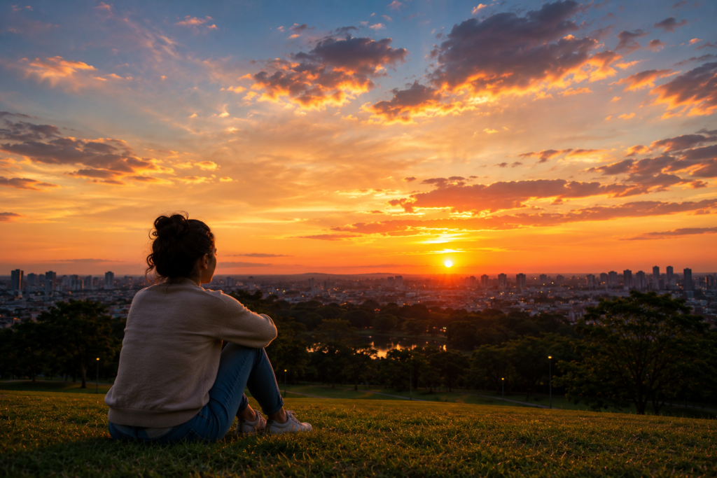 Pessoa sentada em gramado observando o pôr do sol sobre a cidade e um céu colorido.