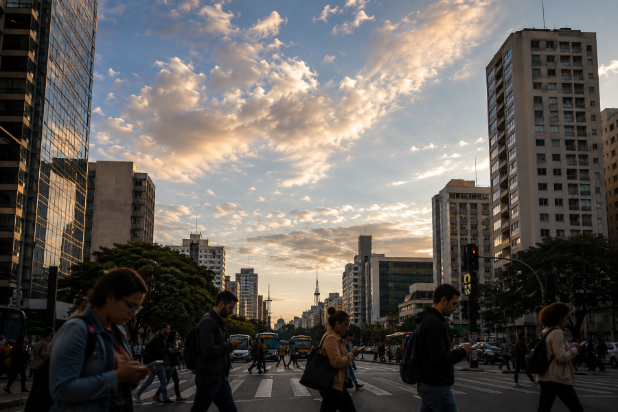 Observar o céu: pessoas caminhando em uma cidade moderna olhando para celulares enquanto um grande céu iluminado ocupa o horizonte.