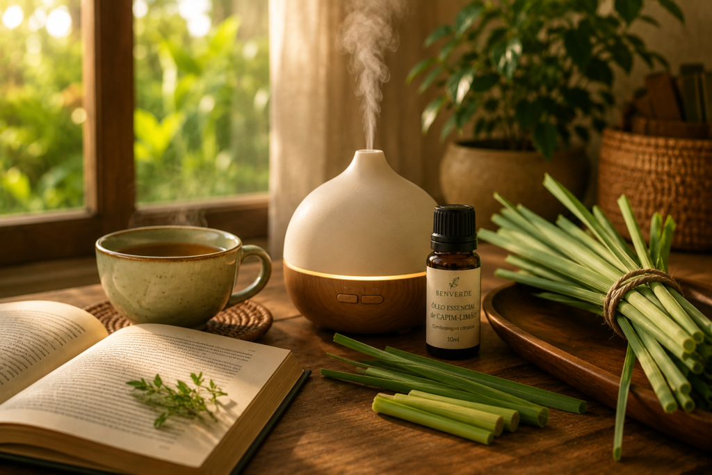 Óleo essencial de capim-limão ao lado de difusor aromático e xícara de chá em ambiente acolhedor.