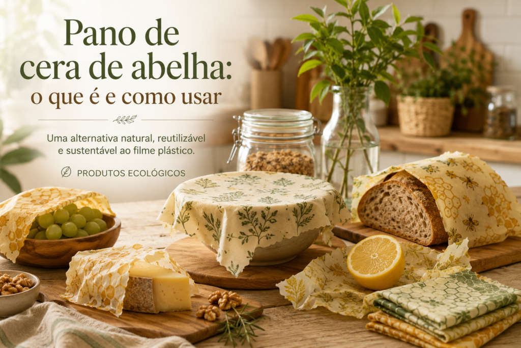 Panos de cera de abelha reutilizáveis cobrindo alimentos em cozinha sustentável com recipientes de vidro e elementos naturais.