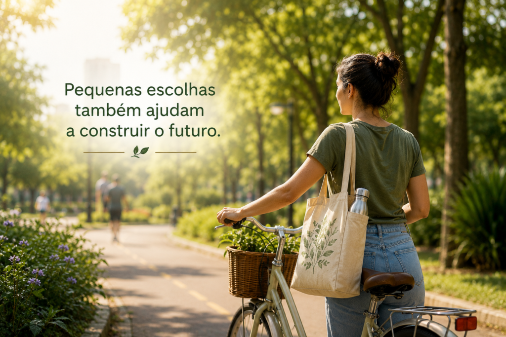 Pessoa caminhando com bicicleta em parque arborizado carregando sacola reutilizável