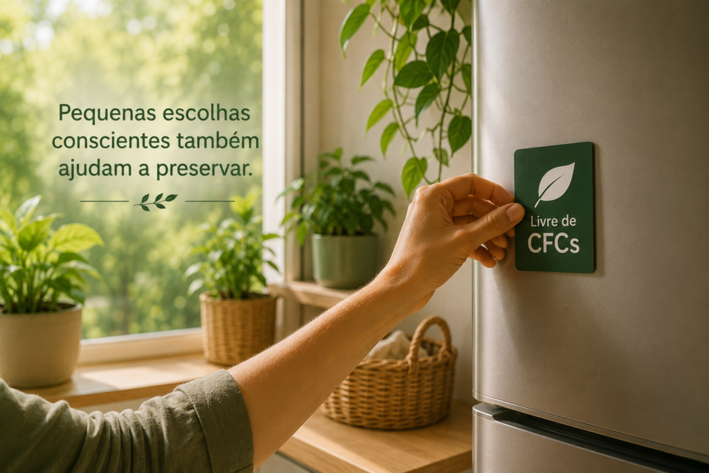 Mão colocando selo livre de CFCs em geladeira cercada por plantas