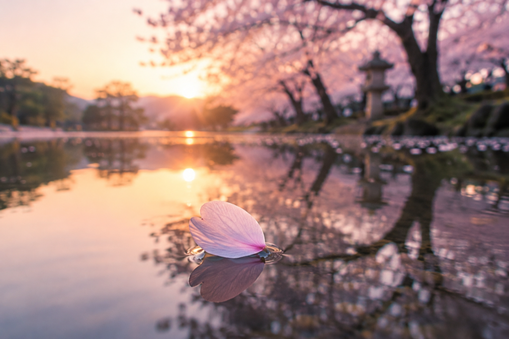 Pétala de flor de cerejeira repousando sobre um lago tranquilo ao pôr do sol.