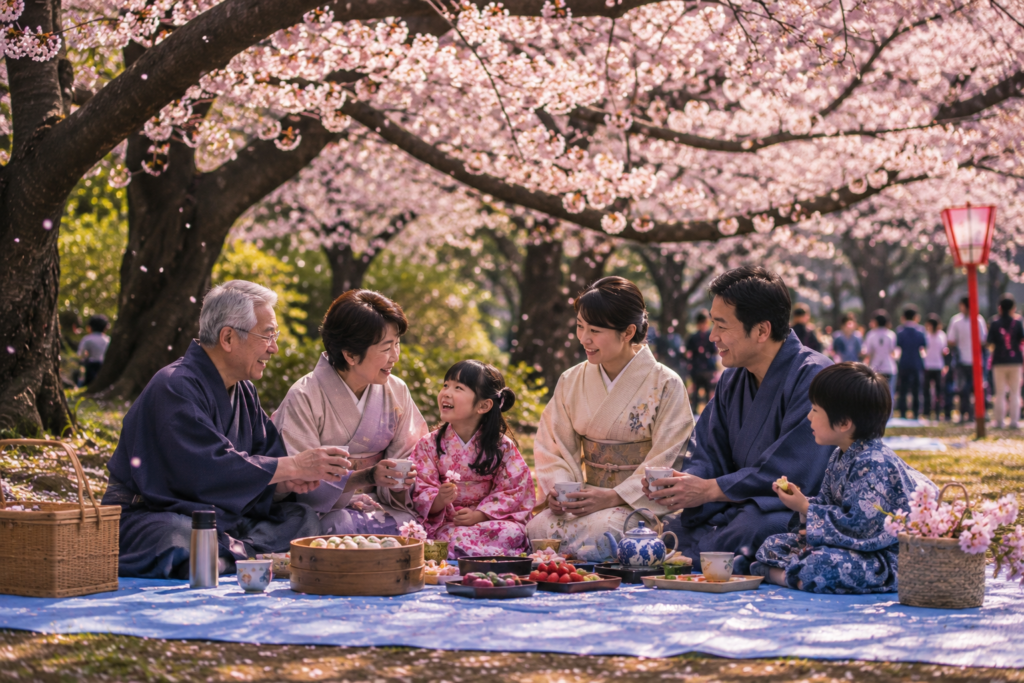 Família reunida para um piquenique tradicional durante o Hanami sob árvores de cerejeira floridas.